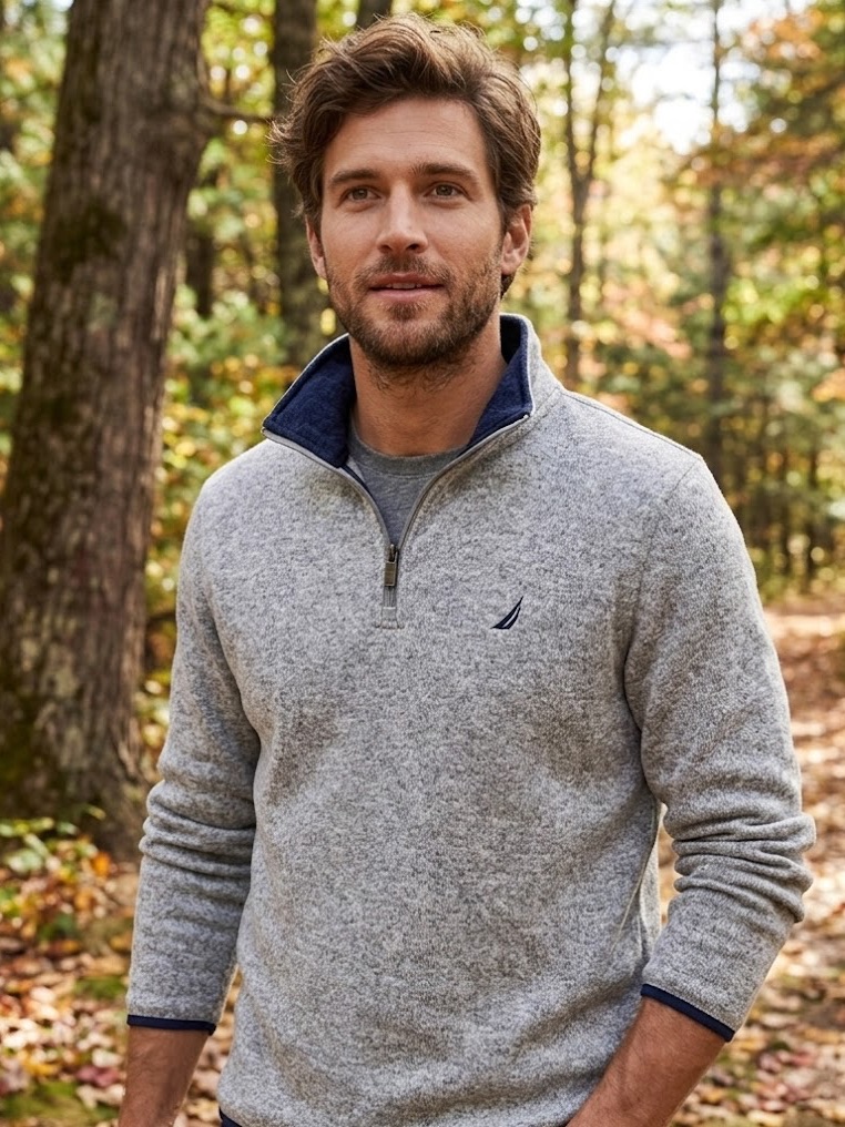 Nautica Men's Heather Gray Quarter-Zip Sweater With Navy Trim, Size Large